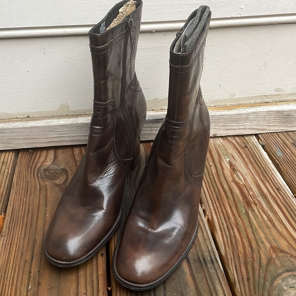 Nine West Wourson Brown Leather Block Heel Mid-Calf Boots Size 10